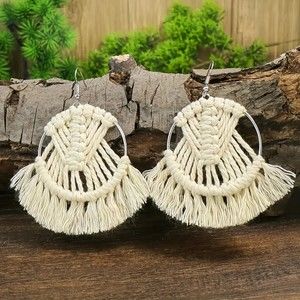 Large Cream Cotton Tassel Drop Earrings